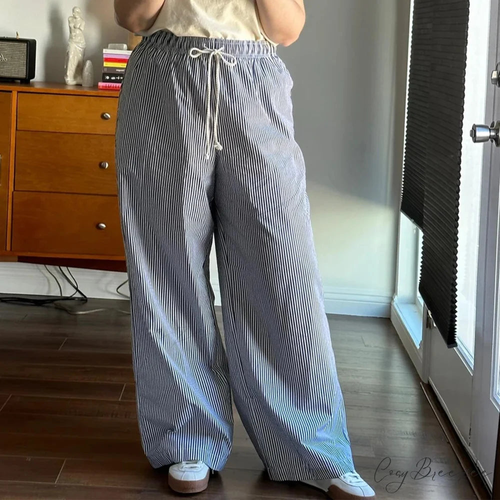 Retro Striped Fastened High-Waist Straight Pant pant-250223