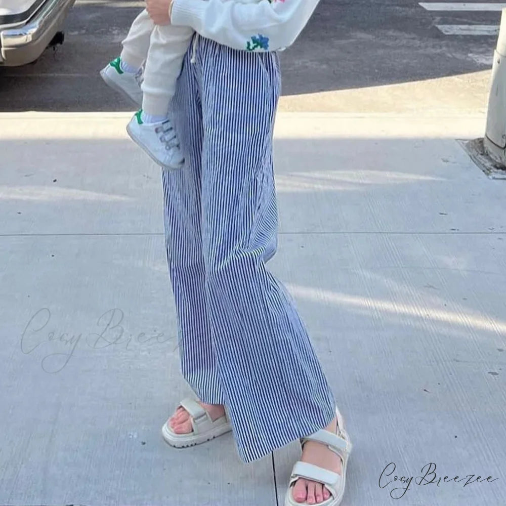 Retro Striped Fastened High-Waist Straight Pant pant-250223