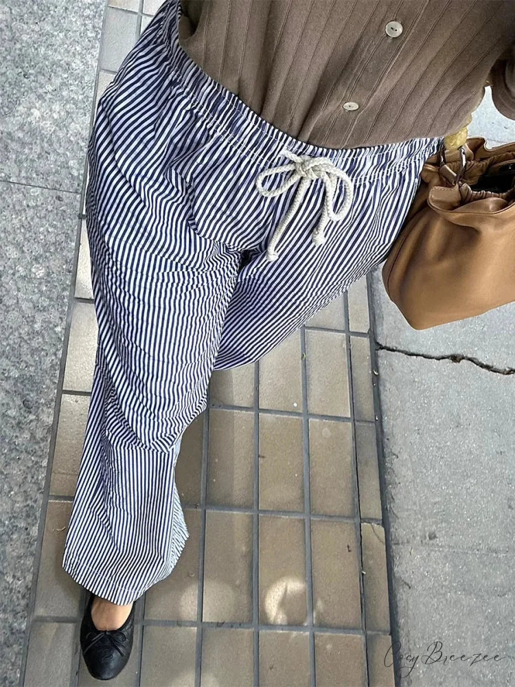 Retro Striped Fastened High-Waist Straight Pant pant-250223