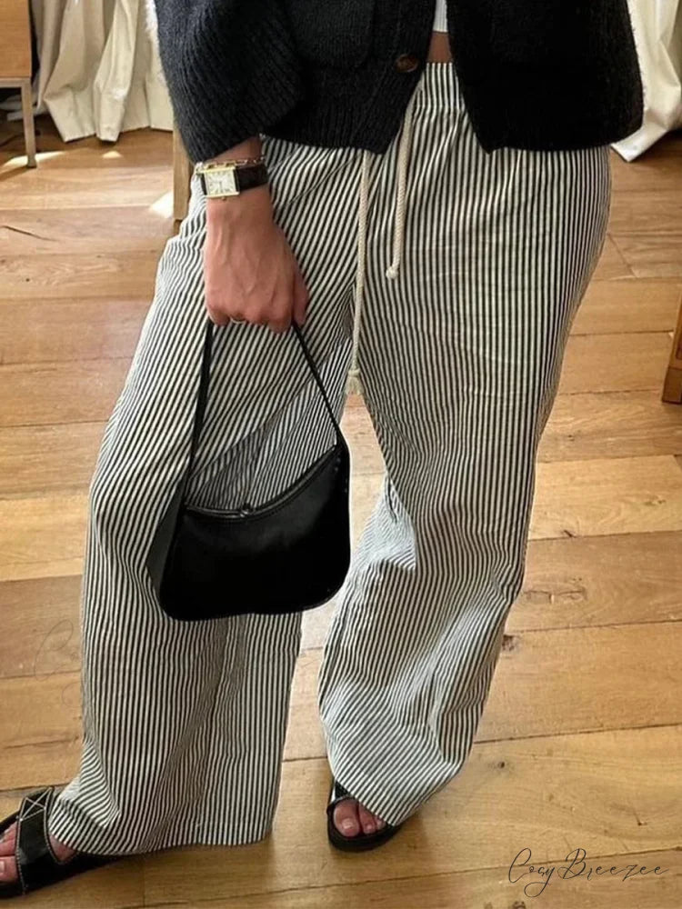 Retro Striped Fastened High-Waist Straight Pant BLACK / S pant-250223