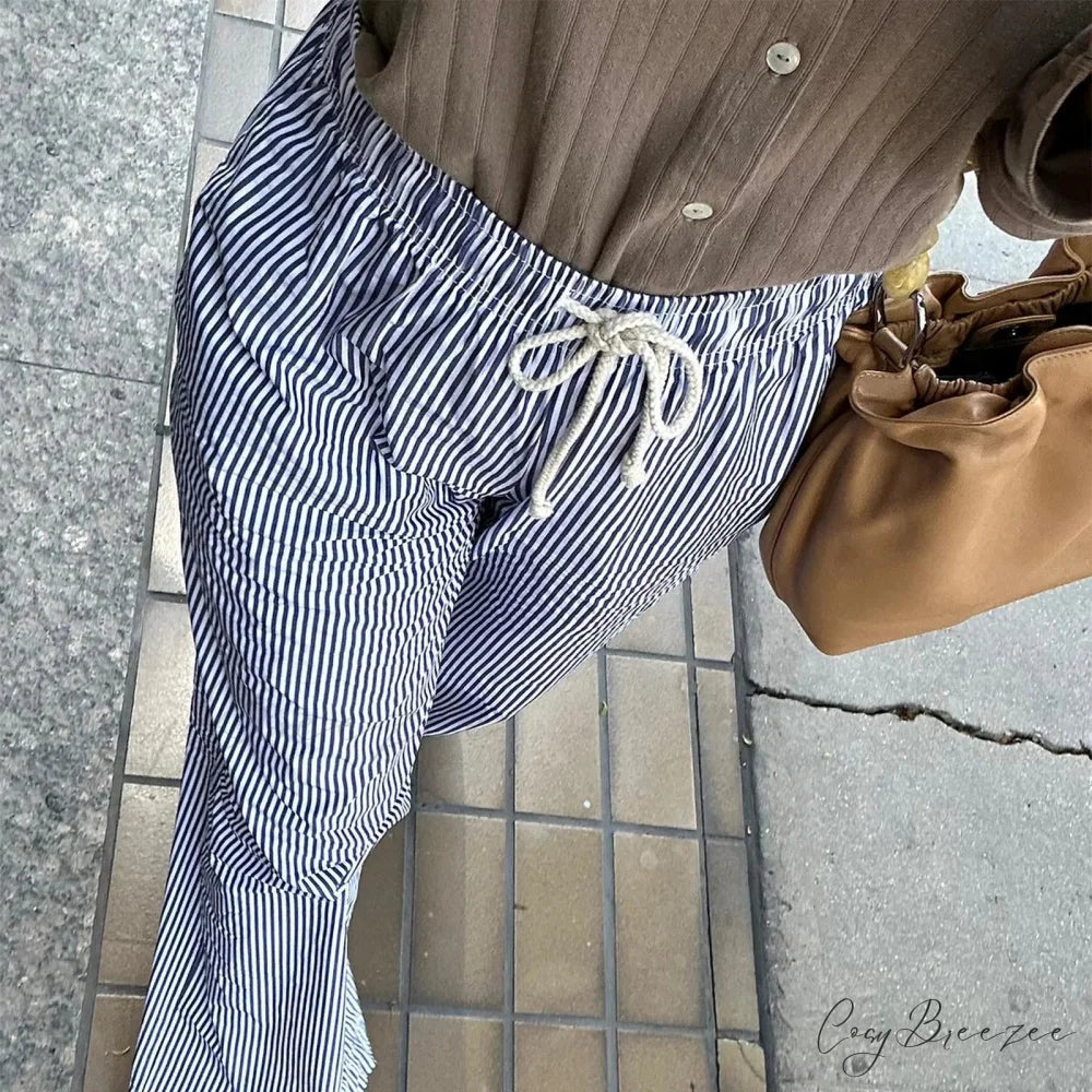 Retro Striped Fastened High-Waist Straight Pant DARKBLUE / S pant-250223
