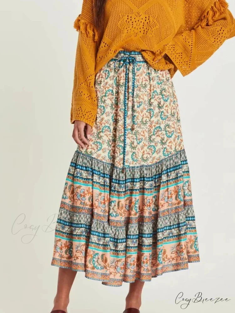 Retro Stylish Hippie Floral Peacock Printed High Waist Rayon A-Line Midi Boho Skirt kahaki / S skirt-250126