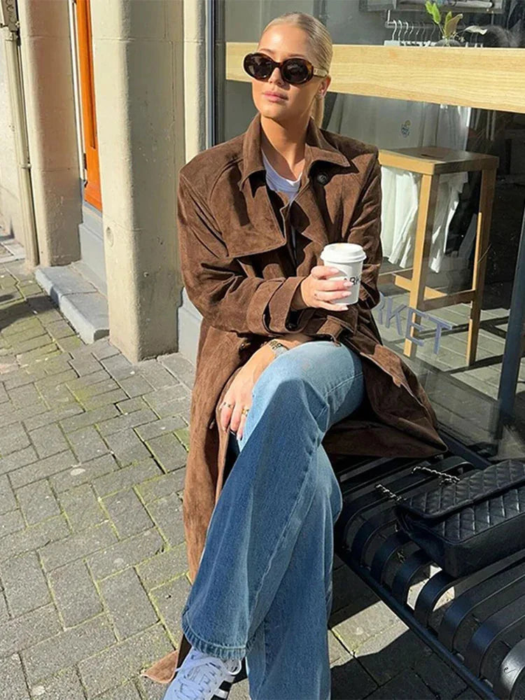 Retro Suede Windbreak Double-Breasted Coat overcoats-241228