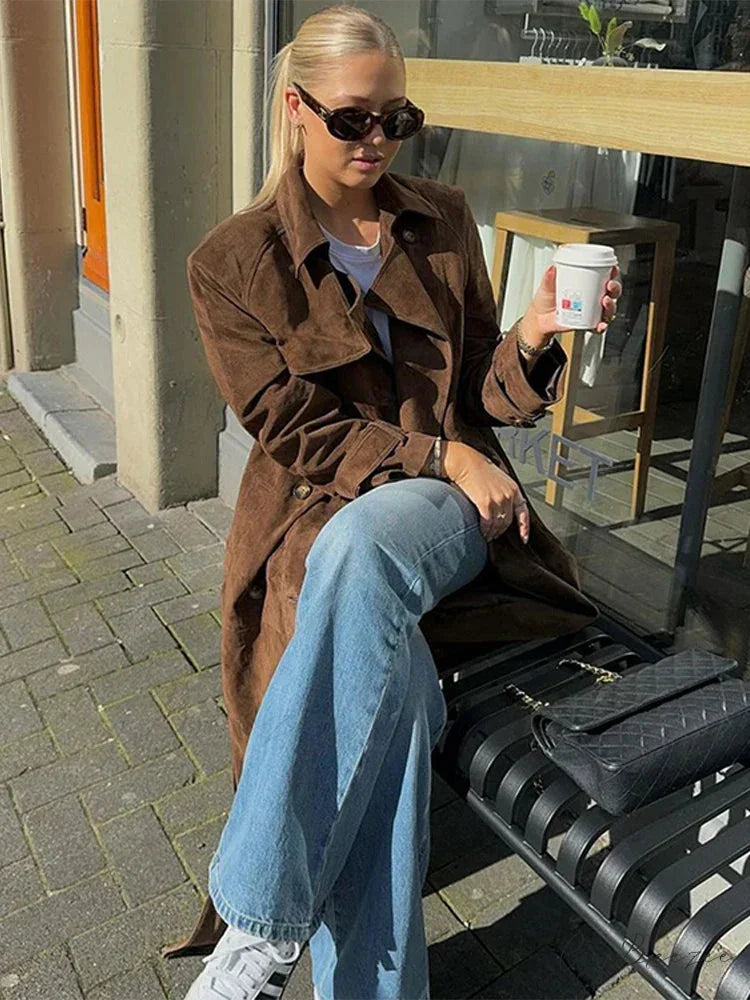 Retro Suede Windbreak Double-Breasted Coat overcoats-241228