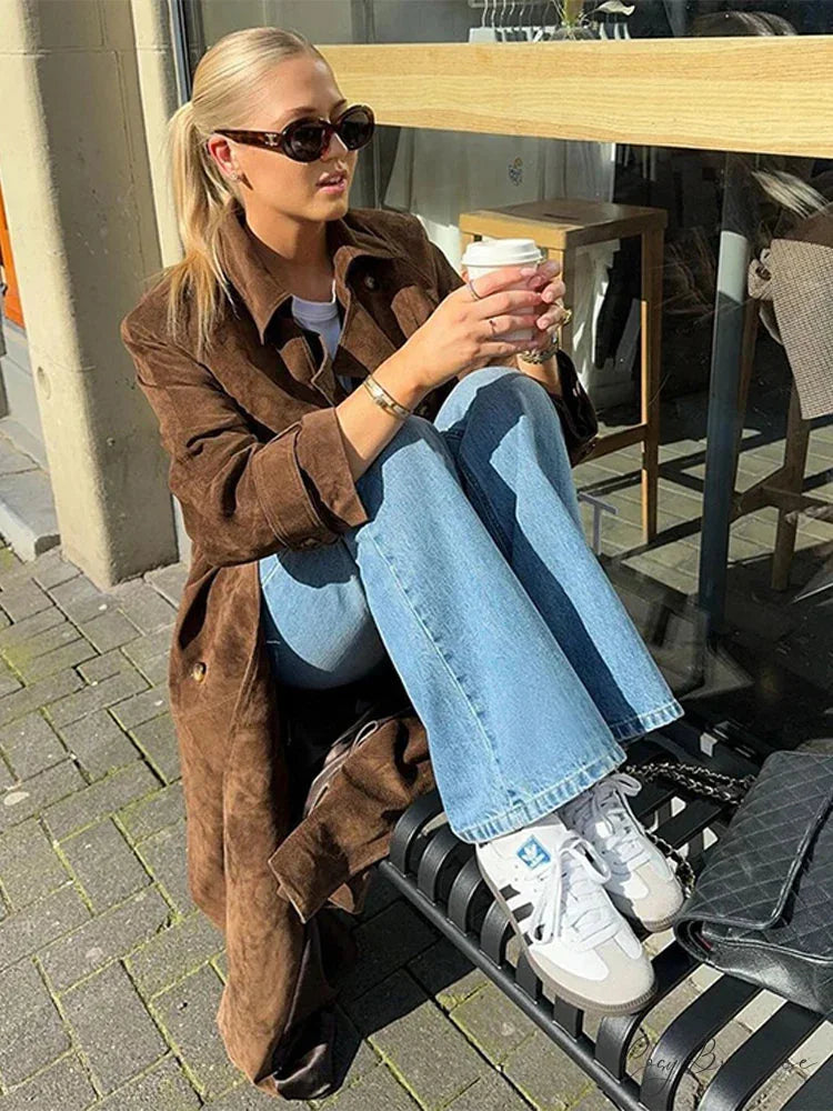 Retro Suede Windbreak Double-Breasted Coat overcoats-241228