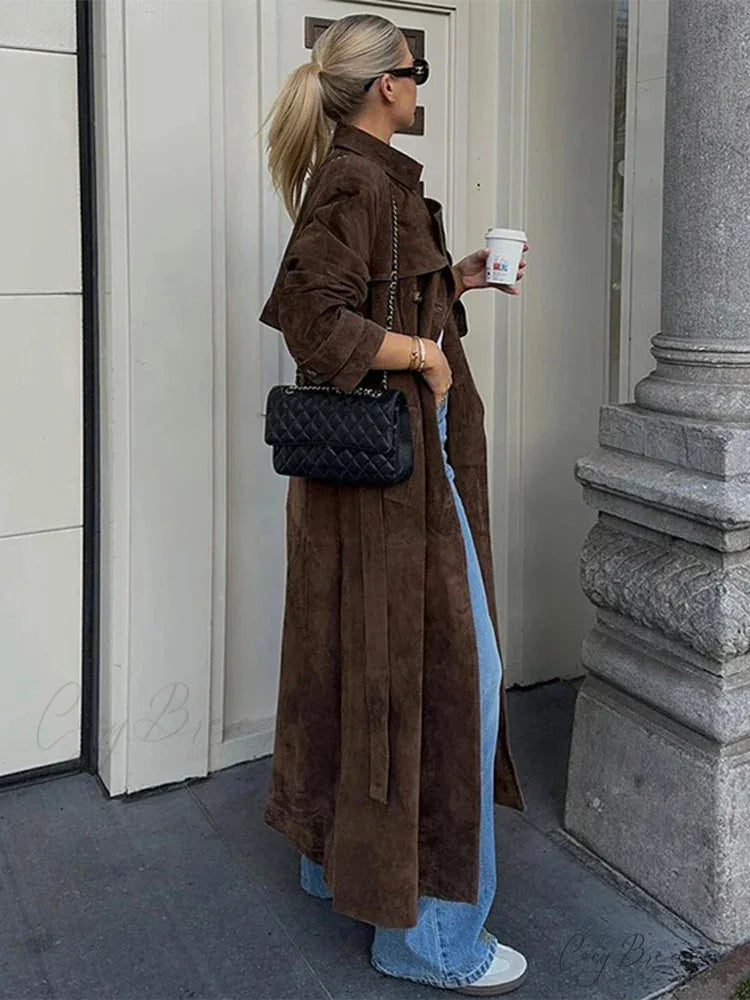 Retro Suede Windbreak Double-Breasted Coat overcoats-241228