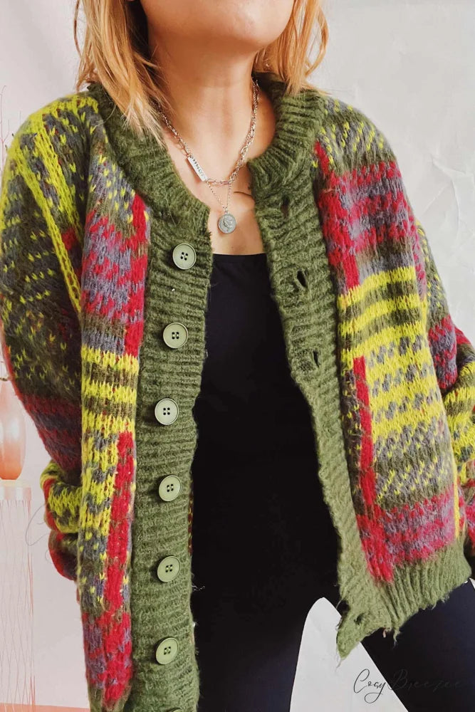 Retro with Striped Cardigan Contrast Green / M