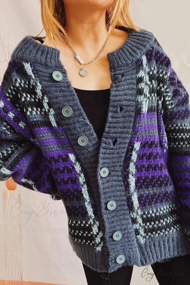 Retro with Striped Cardigan Contrast Purple / L