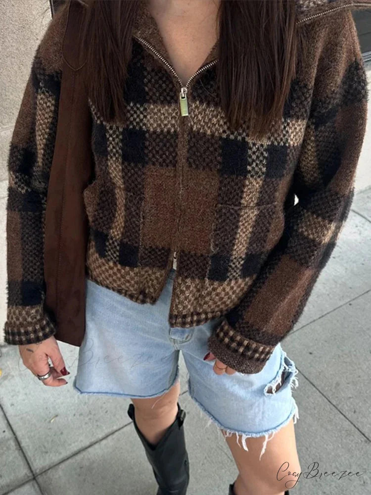 Retro Zipper Loose Long Sleeve Knit Cardigan cardiagn-250126
