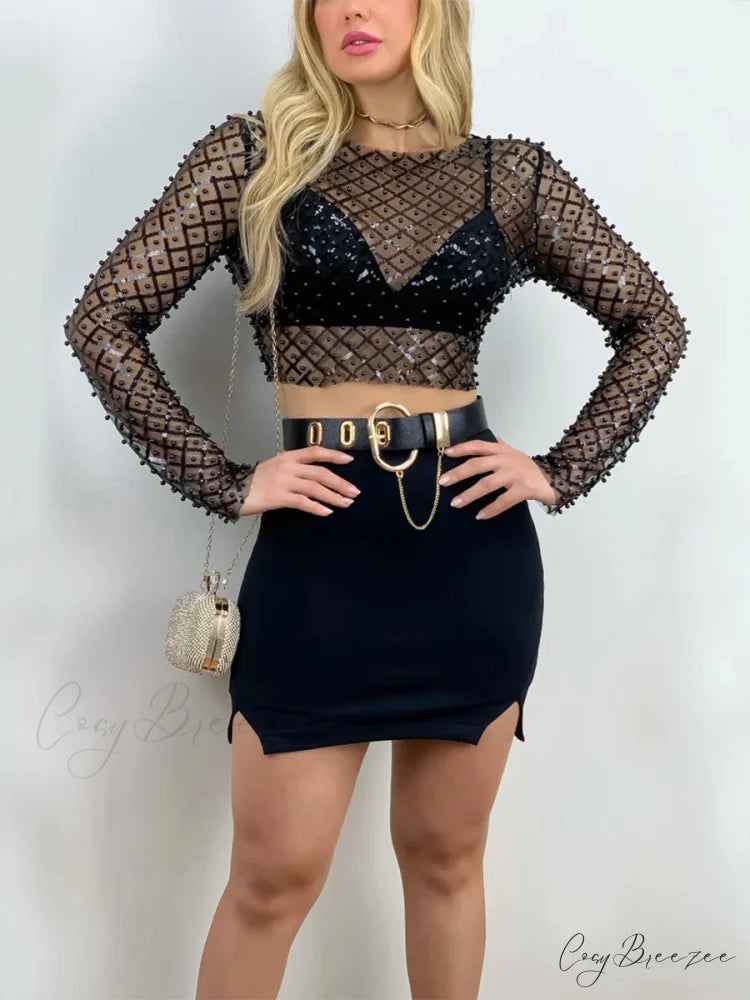 Rhinestone Beaded Y2k Slim Long Sleeve Stylish Elegant Trendy Chic Mesh Crop Top