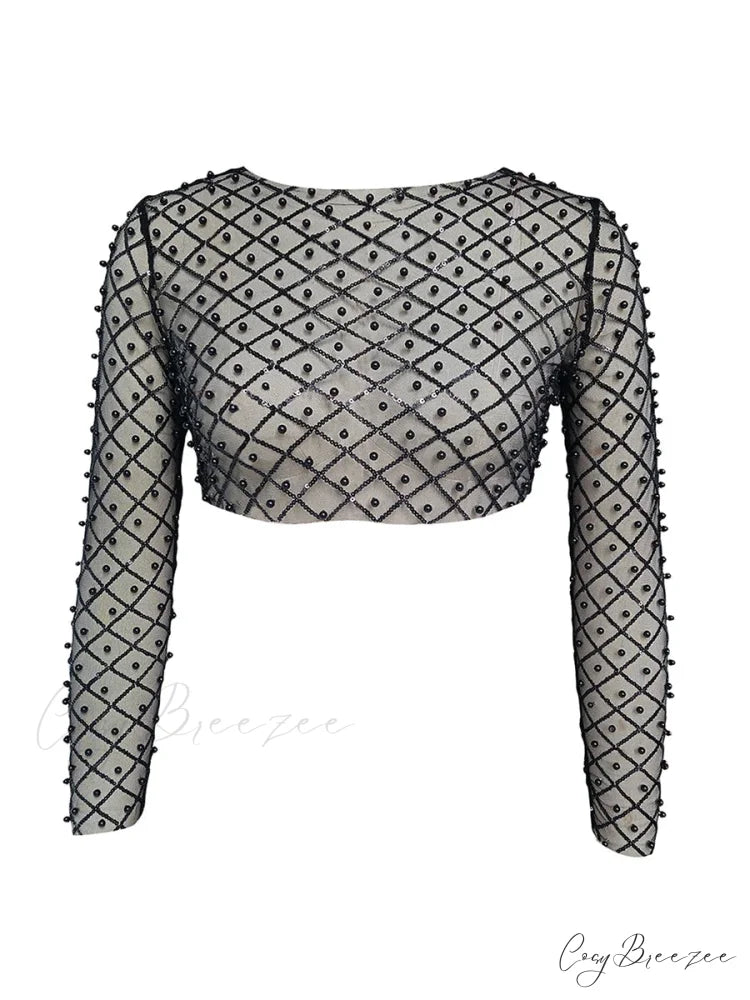 Rhinestone Beaded Y2k Slim Long Sleeve Stylish Elegant Trendy Chic Mesh Crop Top
