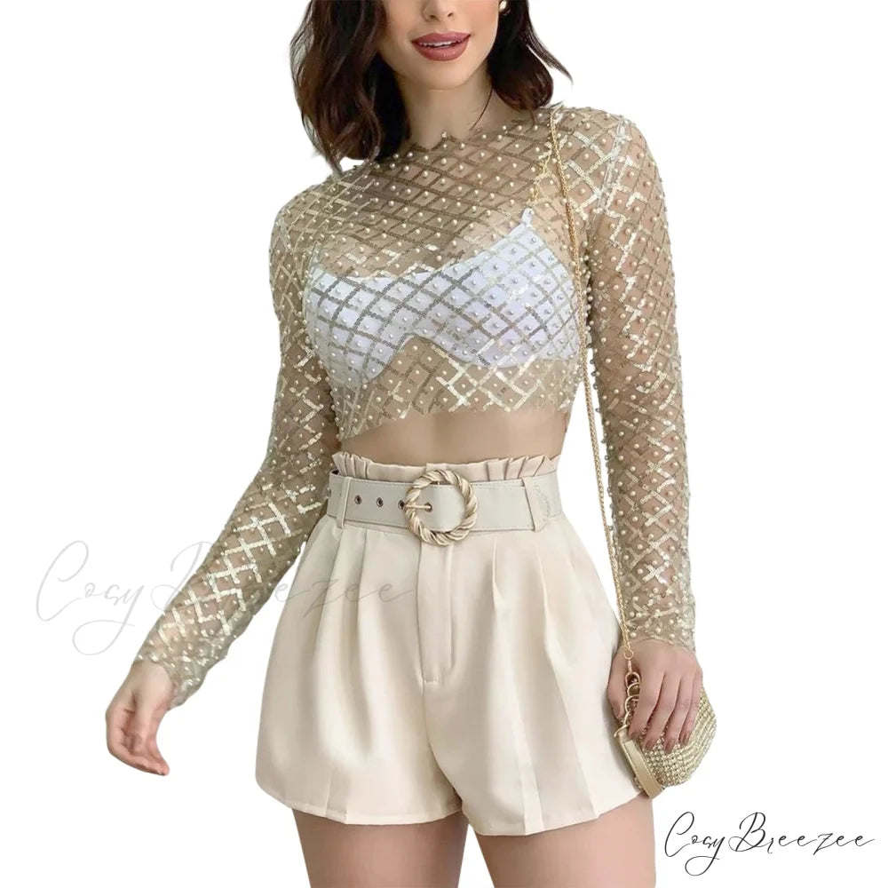 Rhinestone Beaded Y2k Slim Long Sleeve Stylish Elegant Trendy Chic Mesh Crop Top Gold / S