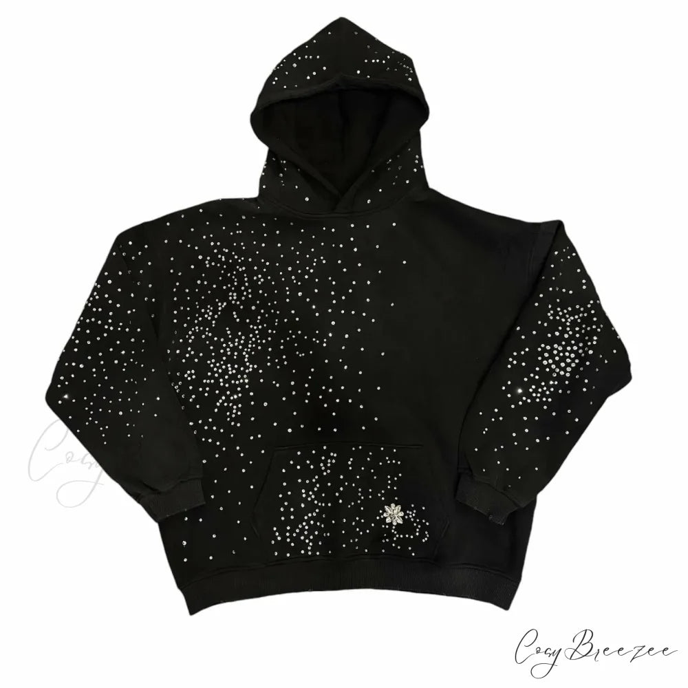 Rhinestone Black Pullover Hoodie hoodies-241228