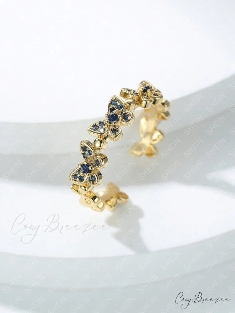 Rhinestone Butterfly Decor Cuff Ring Blue / one-size