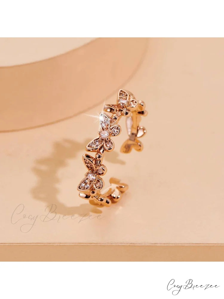 Rhinestone Butterfly Decor Cuff Ring Rose Gold / one-size