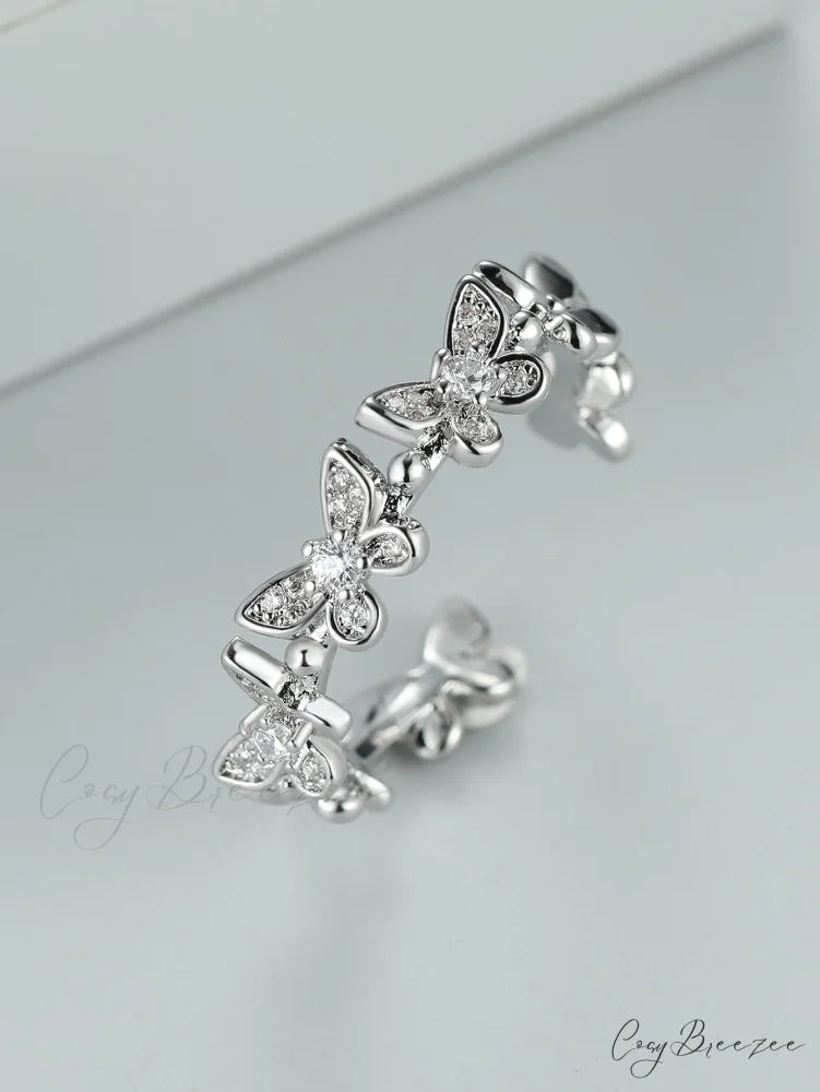 Rhinestone Butterfly Decor Cuff Ring Silver / one-size