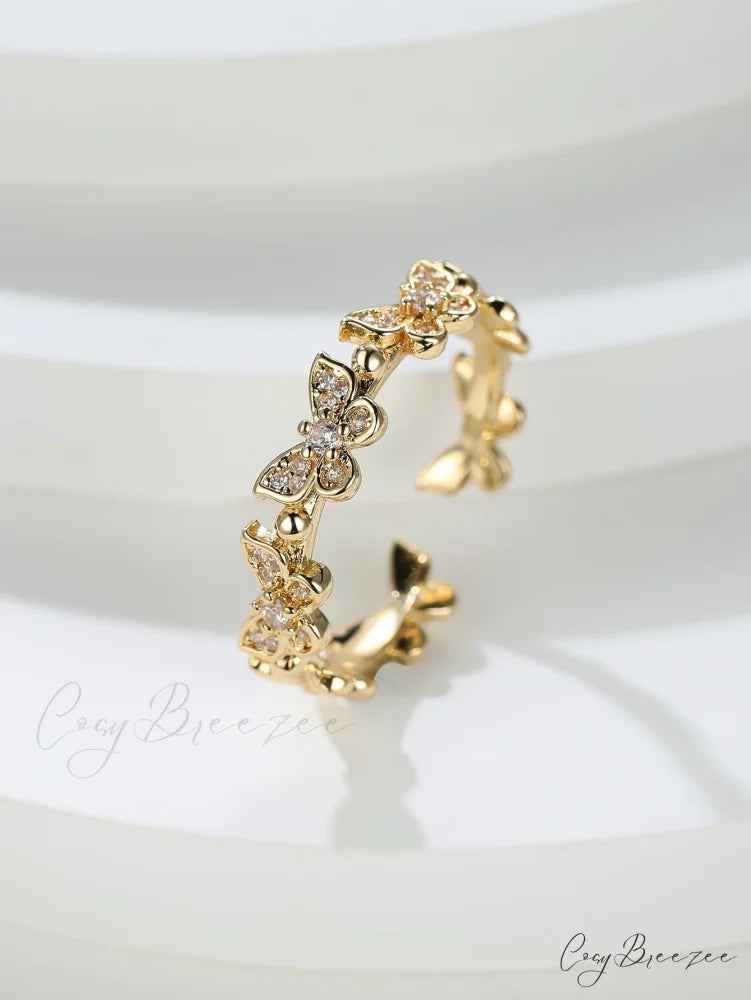 Rhinestone Butterfly Decor Cuff Ring Yellow Gold / one-size