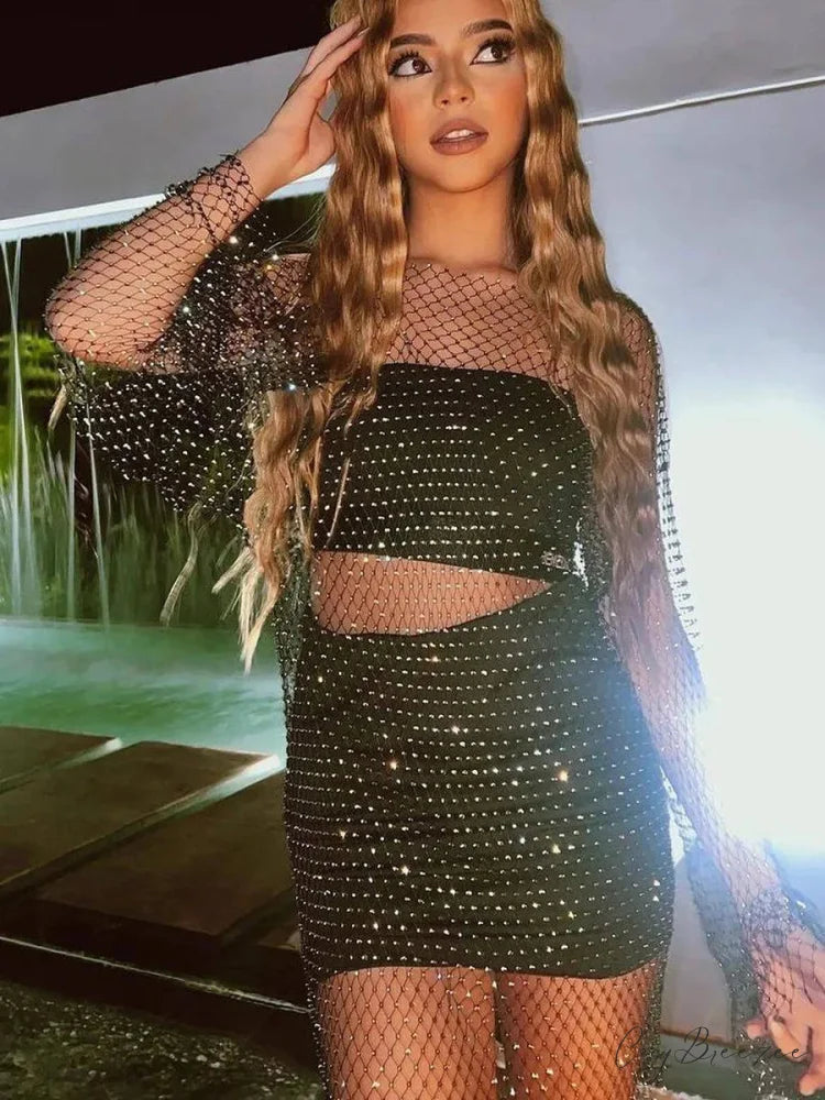 Rhinestone Fishnet Long Sleeve Party Dress