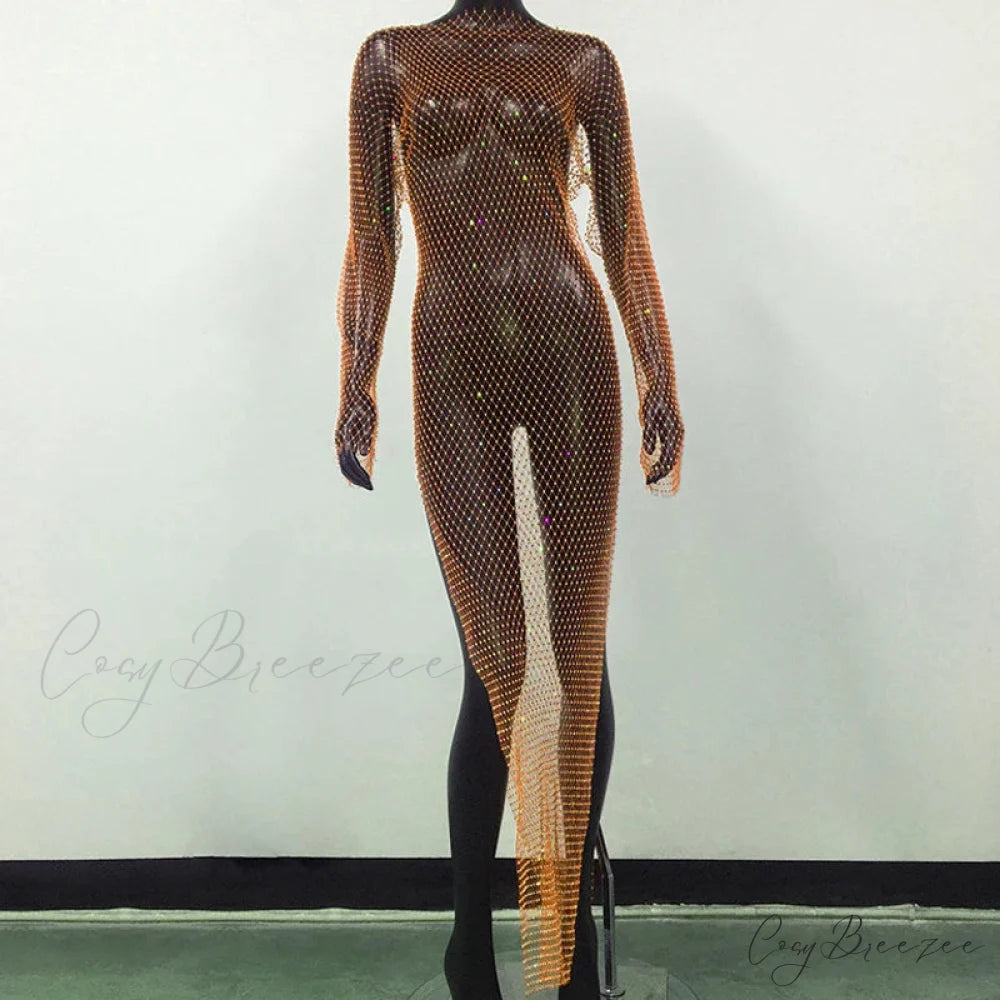 Rhinestone Fishnet Long Sleeve Party Dress Orange Split / One Size