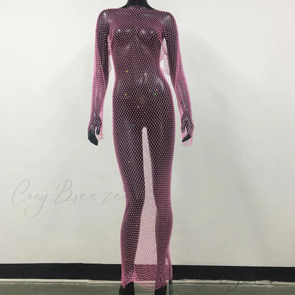 Rhinestone Fishnet Long Sleeve Party Dress Pink Normal / One Size