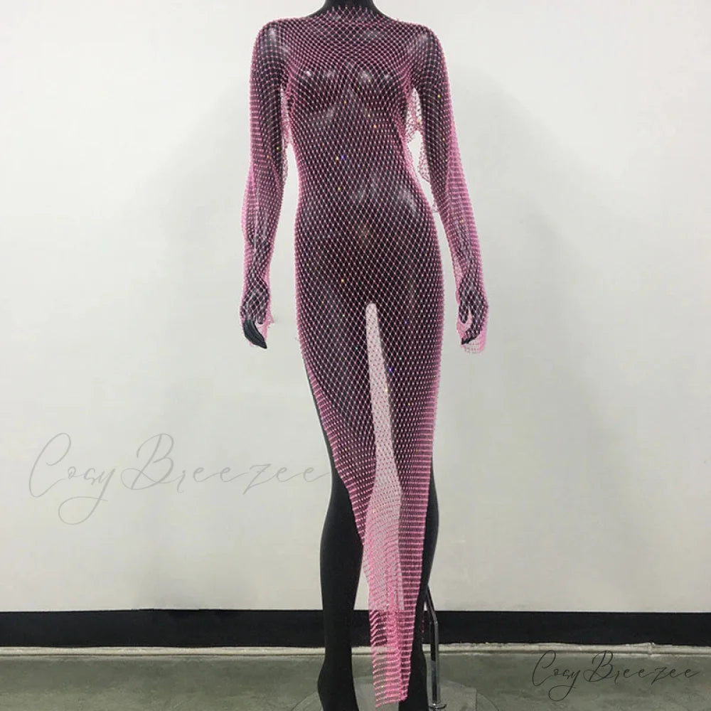 Rhinestone Fishnet Long Sleeve Party Dress Pink Split / One Size
