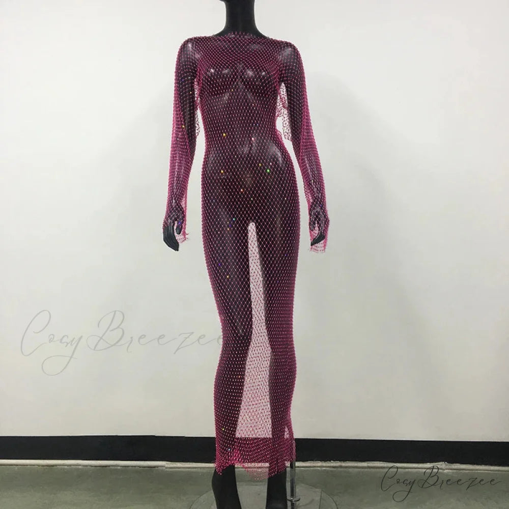 Rhinestone Fishnet Long Sleeve Party Dress Rose Red Normal / One Size