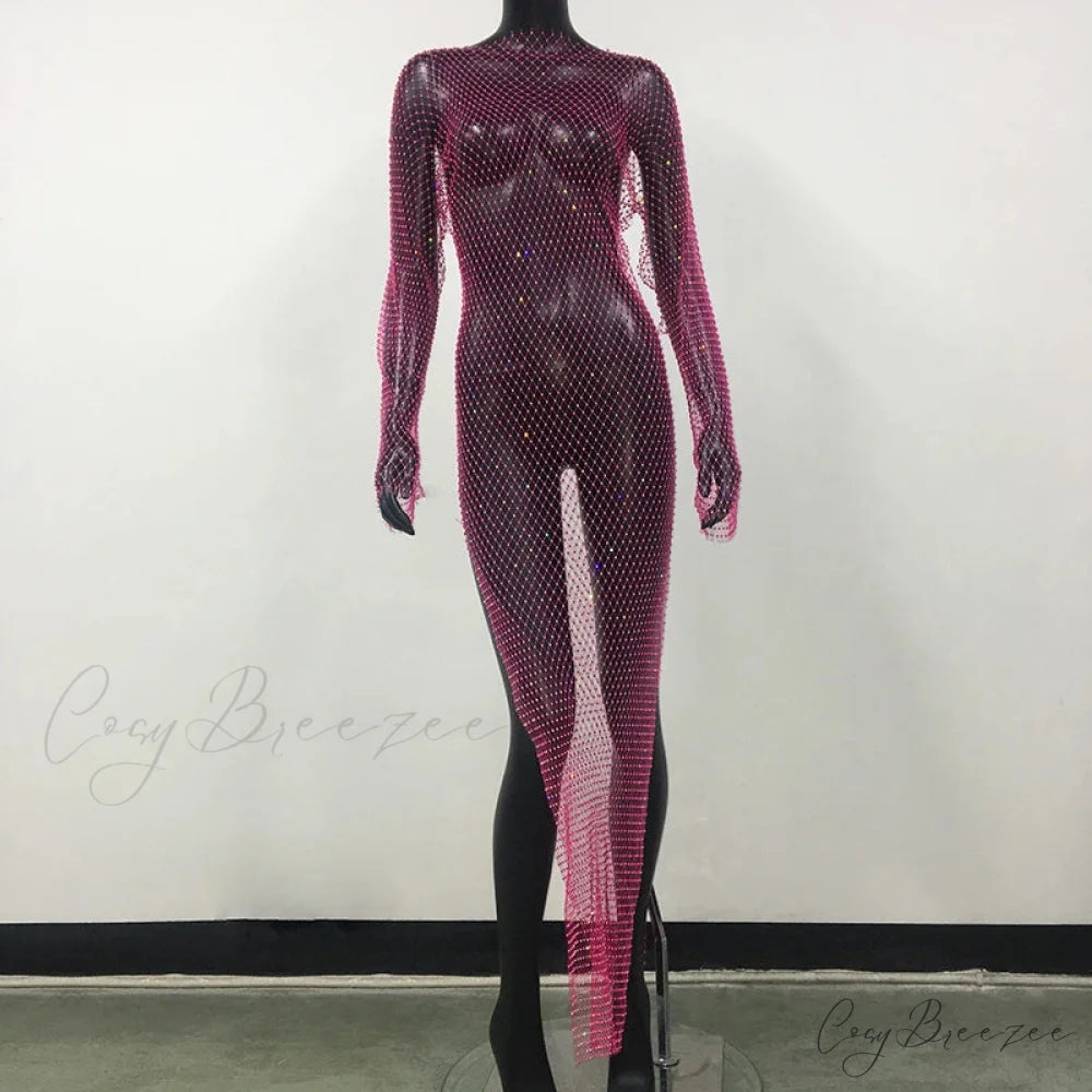 Rhinestone Fishnet Long Sleeve Party Dress Rose Red Split / One Size