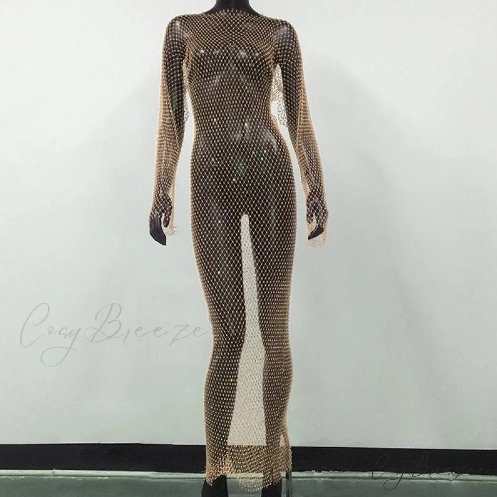 Rhinestone Fishnet Long Sleeve Party Dress Skin Color Normal / One Size
