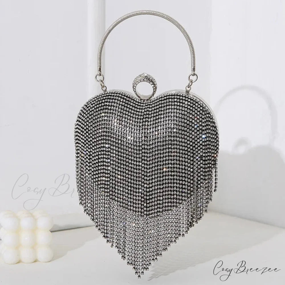 Rhinestone Heart Pattern Silver Evening Clutch Wedding Bridal Purse Black / Mini(Max Length<20cm) clutchbag-250126