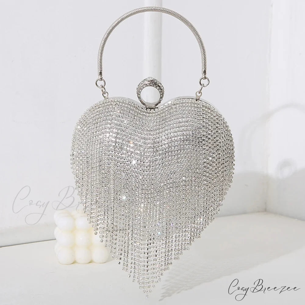 Rhinestone Heart Pattern Silver Evening Clutch Wedding Bridal Purse clutchbag-250126