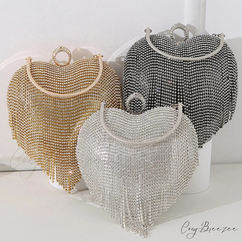 Rhinestone Heart Pattern Silver Evening Clutch Wedding Bridal Purse clutchbag-250126