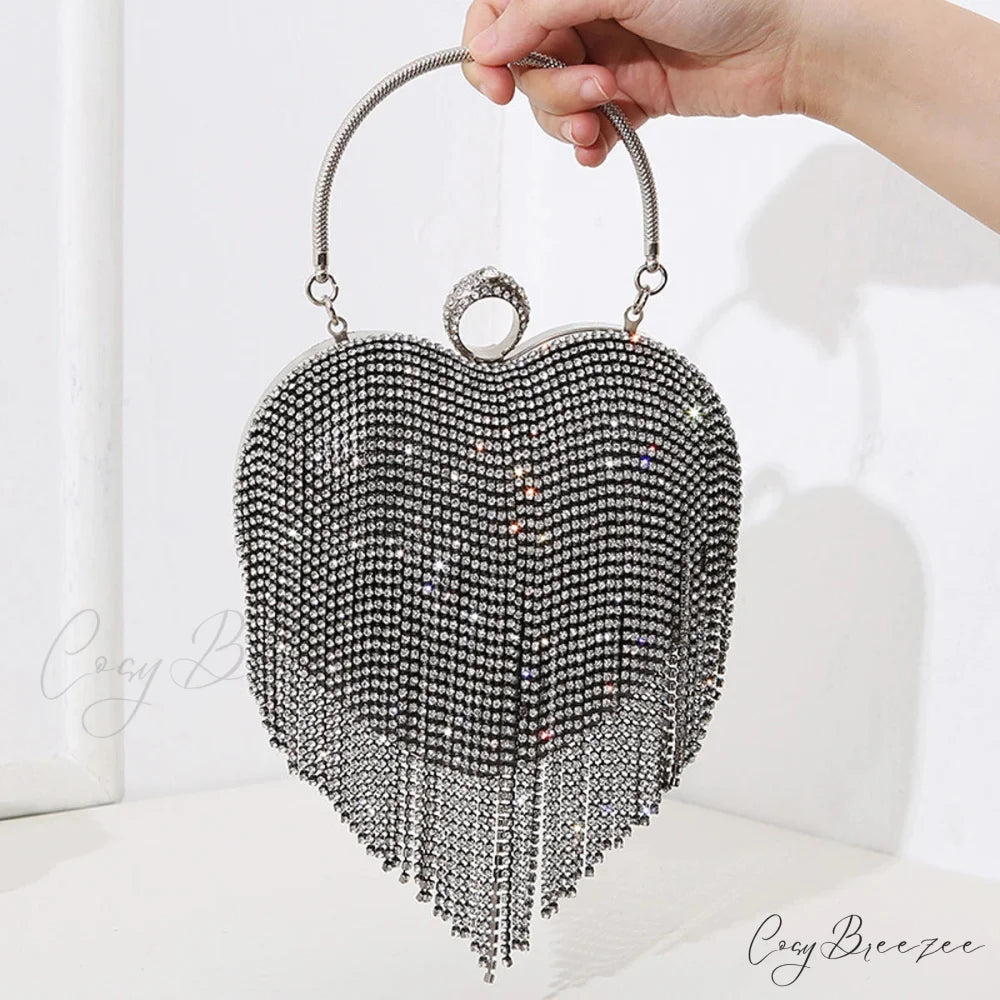 Rhinestone Heart Pattern Silver Evening Clutch Wedding Bridal Purse clutchbag-250126