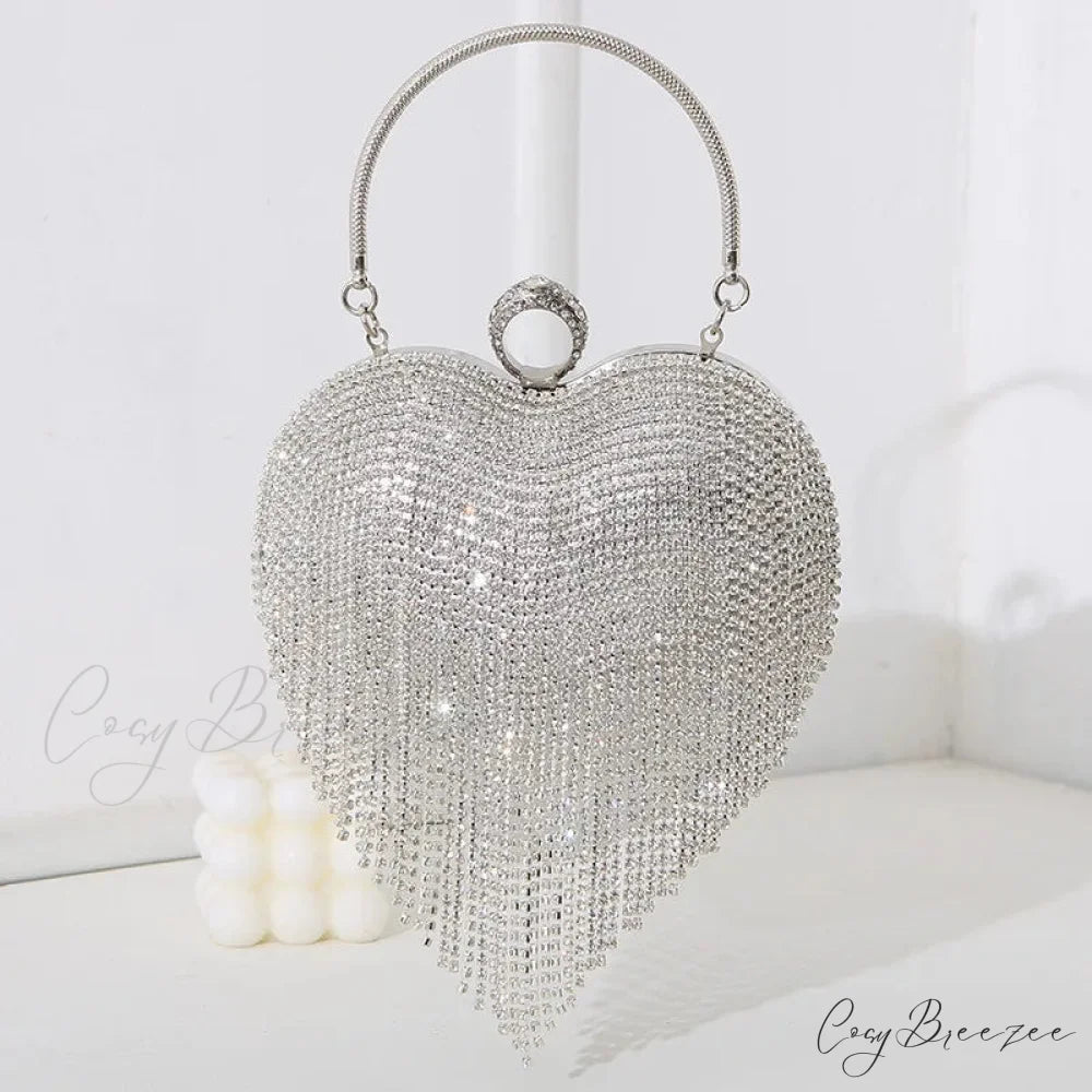 Rhinestone Heart Pattern Silver Evening Clutch Wedding Bridal Purse Silver / Mini(Max Length<20cm) clutchbag-250126