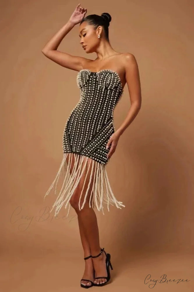 Rhinestone Pearl Bodysuit Party Outfit Black / XS