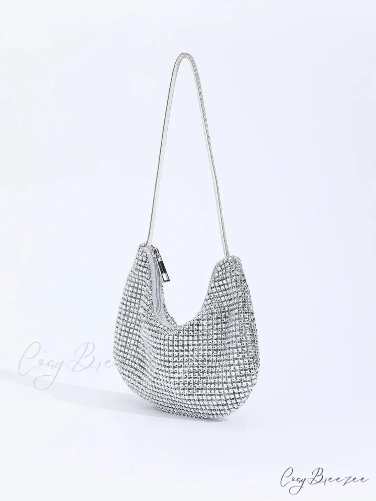 Rhinestone Zippered Solid Evening Clutch Bag Silver clutchbag-250126
