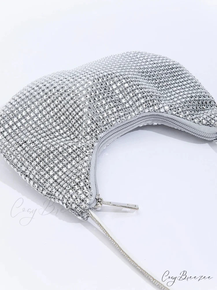 Rhinestone Zippered Solid Evening Clutch Bag Silver clutchbag-250126