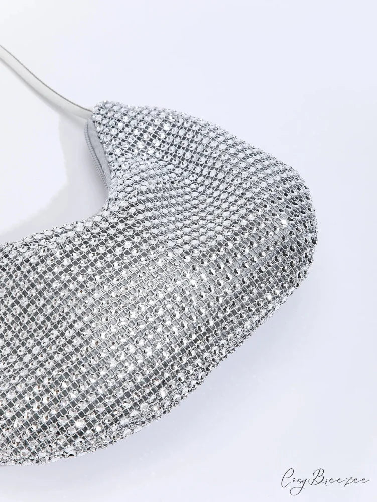 Rhinestone Zippered Solid Evening Clutch Bag Silver clutchbag-250126