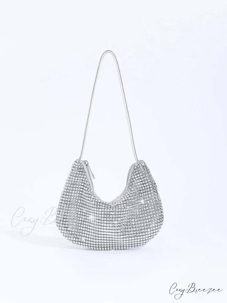 Rhinestone Zippered Solid Evening Clutch Bag Silver clutchbag-250126