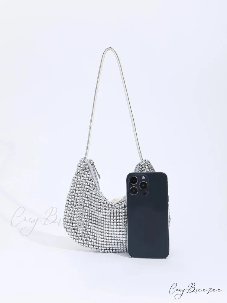 Rhinestone Zippered Solid Evening Clutch Bag Silver clutchbag-250126