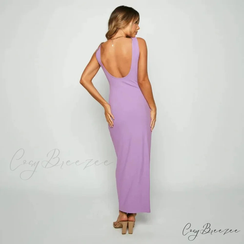Ribbed Bandeau Deep Neck Graceful Layered Strap Long Dress