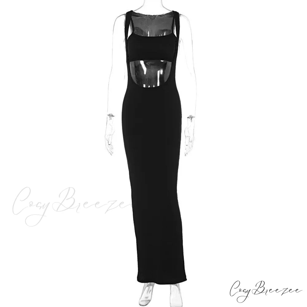 Ribbed Bandeau Deep Neck Graceful Layered Strap Long Dress