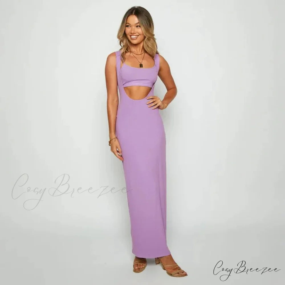 Ribbed Bandeau Deep Neck Graceful Layered Strap Long Dress