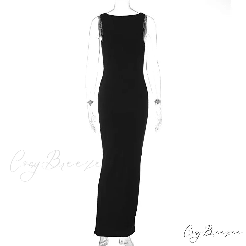 Ribbed Bandeau Deep Neck Graceful Layered Strap Long Dress