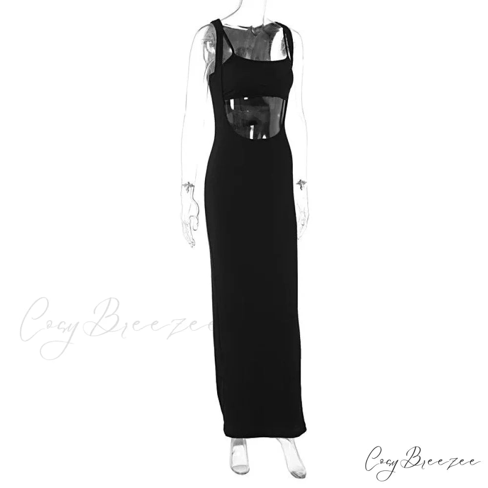 Ribbed Bandeau Deep Neck Graceful Layered Strap Long Dress