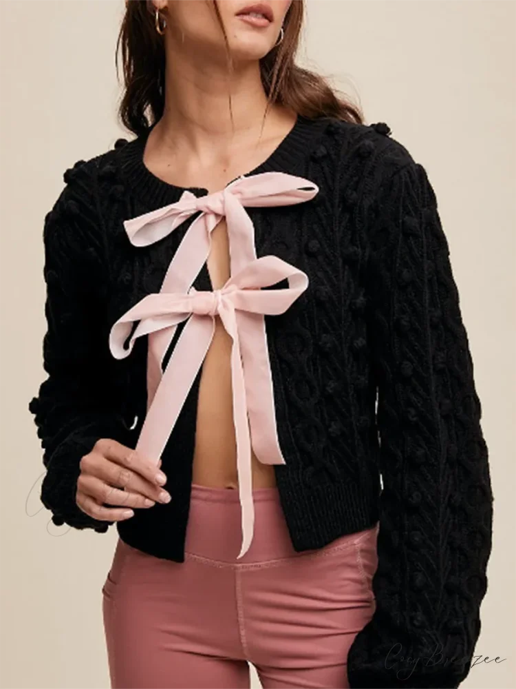 Ribbed Bow Tie Cable Knit Cardigan cardigans-241228