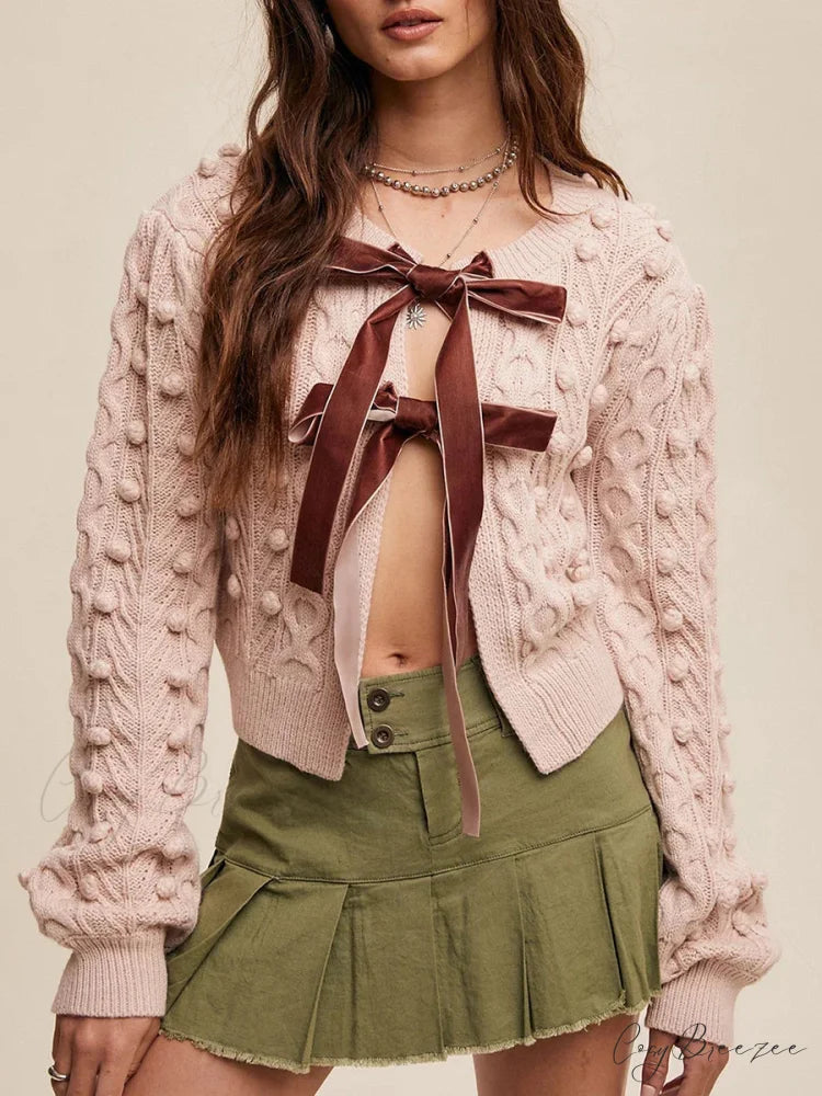 Ribbed Bow Tie Cable Knit Cardigan cardigans-241228