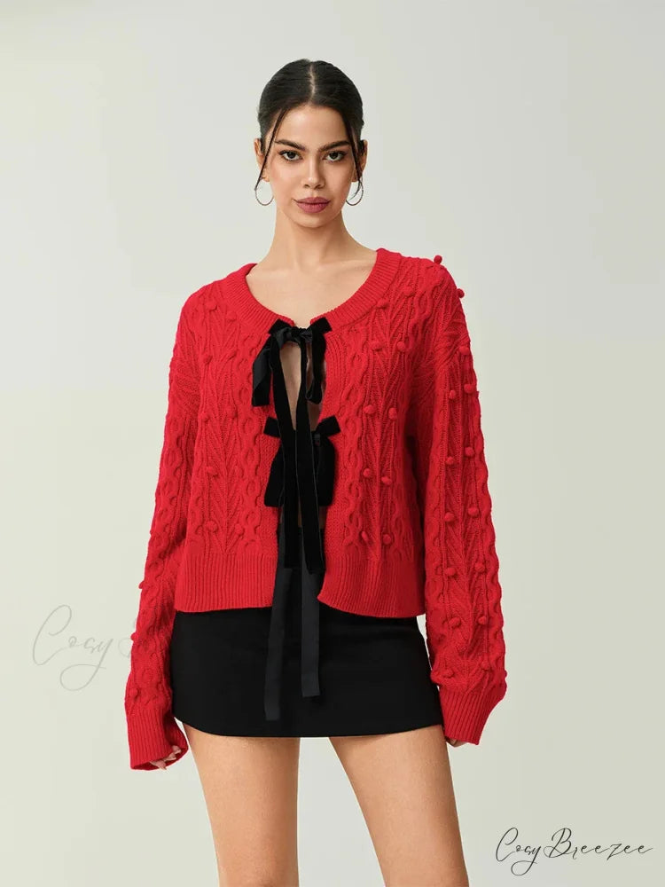 Ribbed Bow Tie Cable Knit Cardigan cardigans-241228