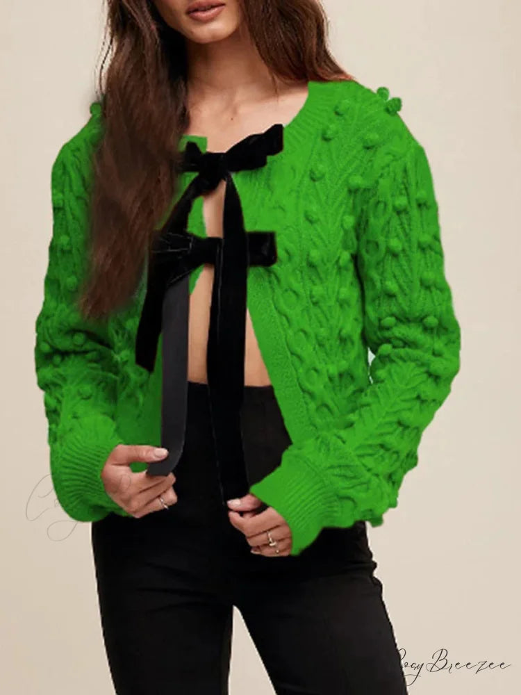 Ribbed Bow Tie Cable Knit Cardigan green / S cardigans-241228
