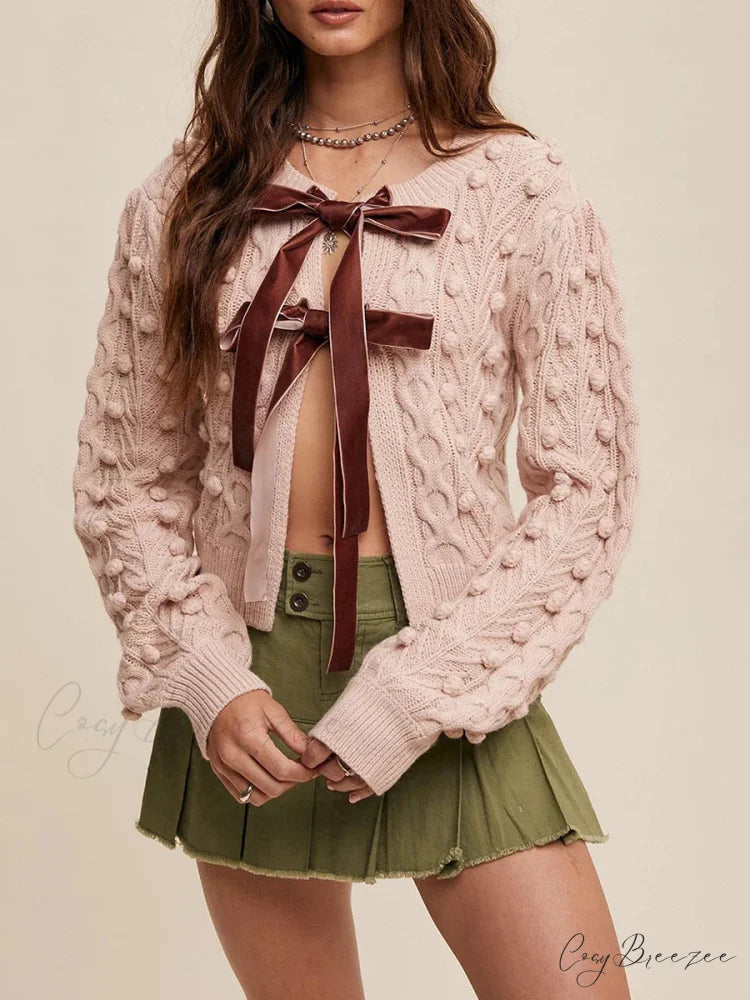 Ribbed Bow Tie Cable Knit Cardigan pink / S cardigans-241228