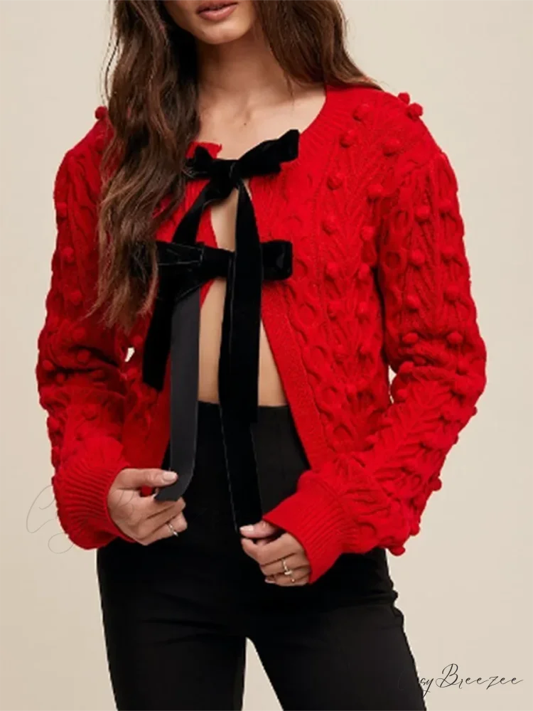 Ribbed Bow Tie Cable Knit Cardigan red / S cardigans-241228